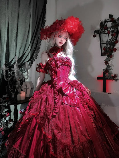 Hanayome Taillenstäbchen Bodenkorsett Länge Kleid Hime Kleid Rot Ball Lolita