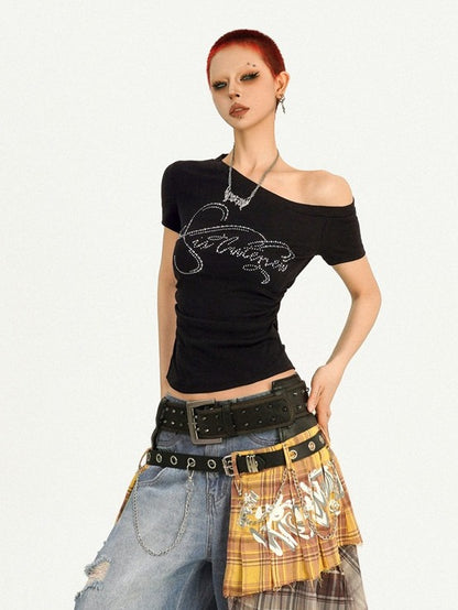 Asymmetrical Shoulder Long Sleeve Top with Rhinestones