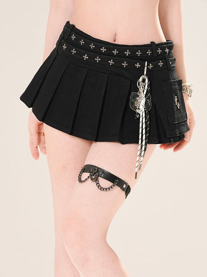 スカート ローウエスト ブルー/ブラック クロス装飾 ミニプリーツ デニム