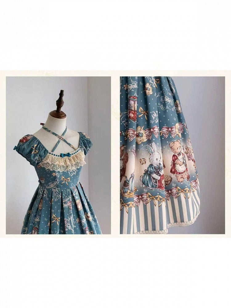 Teal Halter Lolita OP Dress with Popcorn Bear Print, Long/Short Version - Sweet Dream