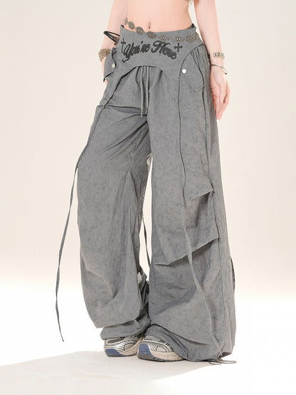 アクセサリー ピンク/グレー ドローストリング ワイドレッグパンツ ウエスト付き