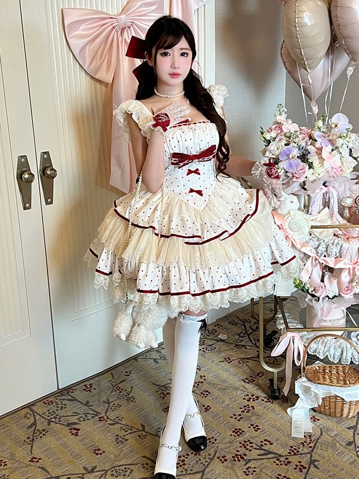 水玉模様のドレス、赤いスカート、ティアードウエスト、スイートバスクホワイト