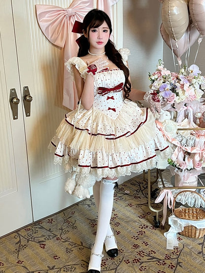 水玉模様のドレス、赤いスカート、ティアードウエスト、スイートバスクホワイト