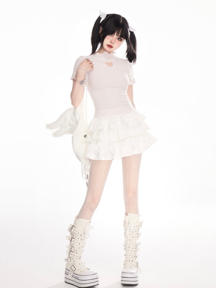 ハート型カットアウトレタス裾Tシャツネックピンクモック