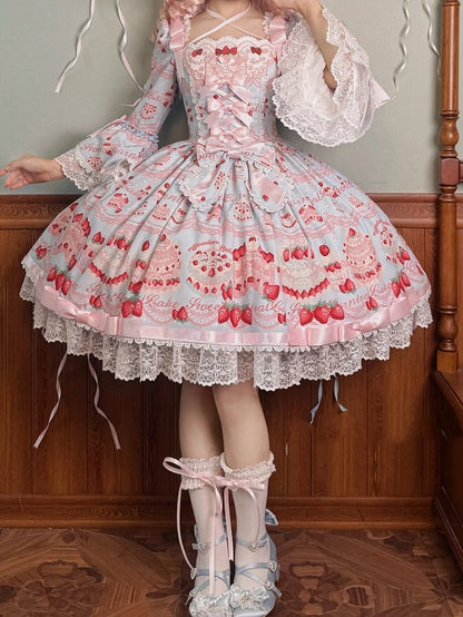 Blaues Lolita-Kleid mit Glockenkuchenstück, langen Erdbeerärmeln und einem süßen Aufdruck