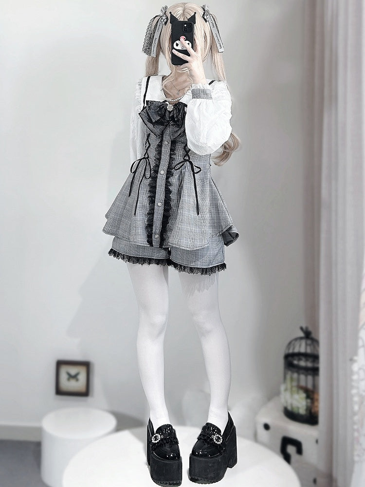 Gray Lace-up Long + Details Jirai Shorts Trim Top Decorated Kei Plaid Sleeves Outfit-Beaded Bowknot Lace