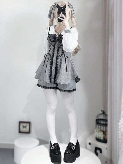 Gray Lace-up Long + Details Jirai Shorts Trim Top Decorated Kei Plaid Sleeves Outfit-Beaded Bowknot Lace