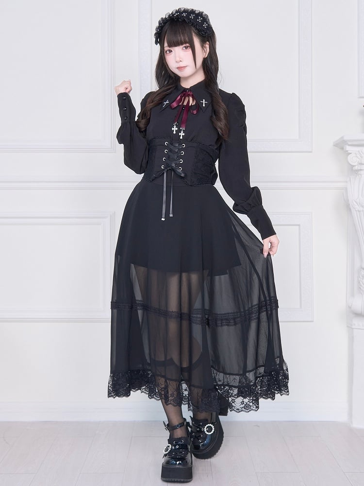 Kei Mesh Skirt with Black Overlay Corset Jirai Waist High Lacing Long