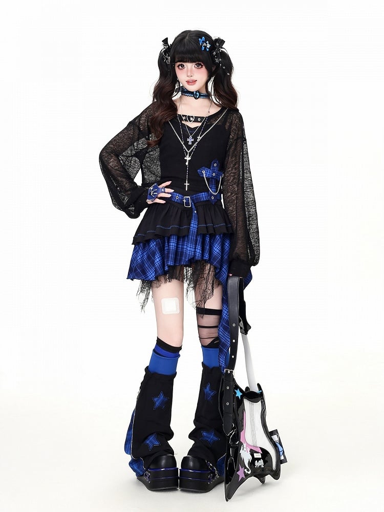 Blue Black Plaid Cropped Top with Cross Chain Detail - CRAZY GIRL