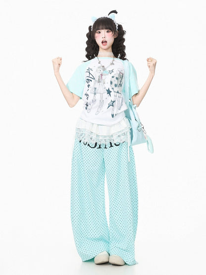 Cyan Pixel Graphic Tee with Polka Dots - Languid Park