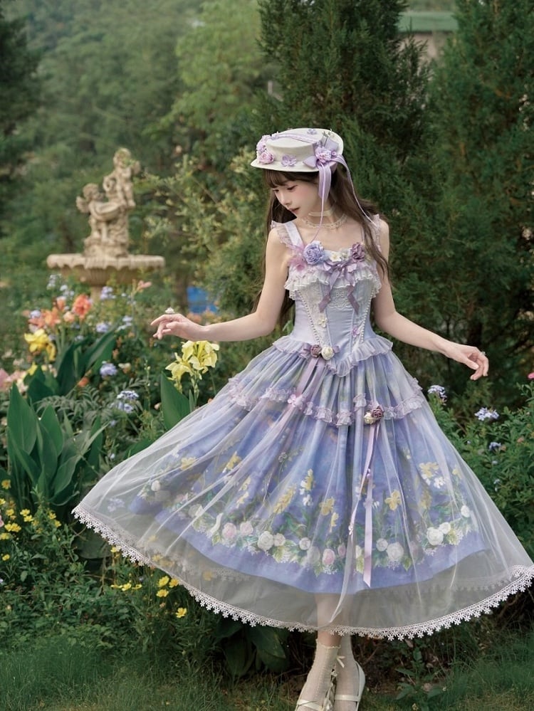 Purple Oil Painting Print Lolita Jumper Skirt Dress with Bustier-Style Boned Bodice - Haw Berry