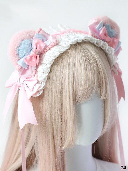 Lolita Hairclip/Hairband/KC/Mini Pink Plush Sweet Blue Bear Hat Bowknot Ear
