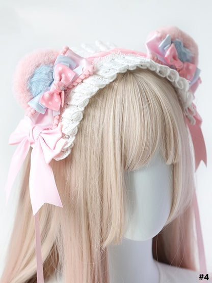 Lolita Hairclip/Hairband/KC/Mini Pink Plush Sweet Blue Bear Hat Bowknot Ear