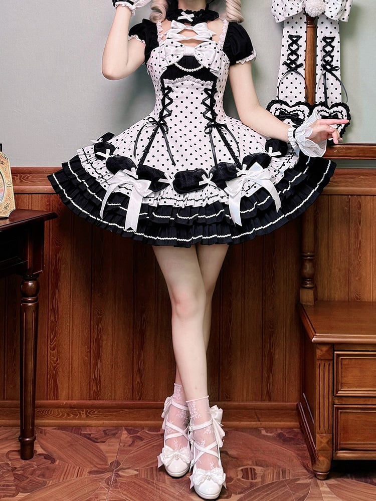 Accents Black Polka Dots Dress Old School Bow White Lolita Neck Halter with