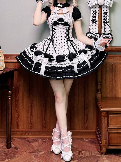 Accents Black Polka Dots Dress Old School Bow White Lolita Neck Halter with