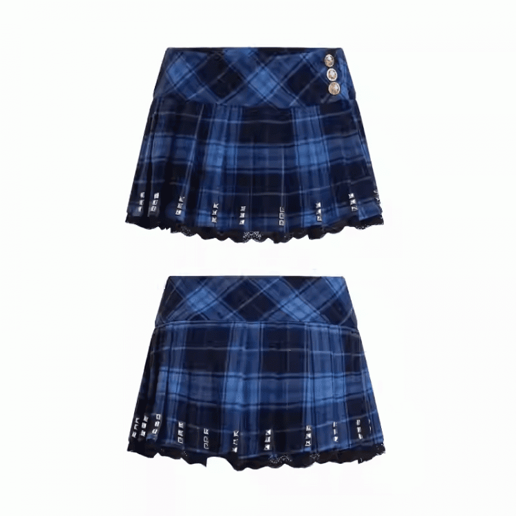 Punk Navy Blue Plaid Studs Detail Lace Trim Y2K Mini Pleated Skirt