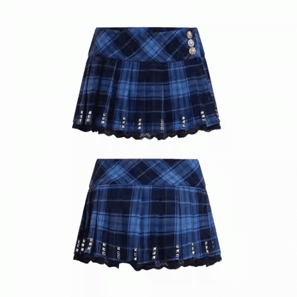 Punk Navy Blue Plaid Studs Detail Lace Trim Y2K Mini Pleated Skirt