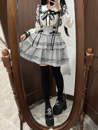 Jirai Kei Coord Set: Black Plaid Tiered Susender Skirt & White Heart Rhinestone Blouse