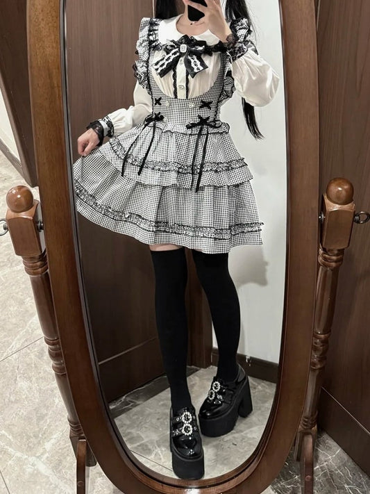 Jirai Kei Coord Set: Black Plaid Tiered Susender Skirt & White Heart Rhinestone Blouse