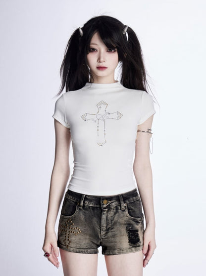 Mock Neck Cross Rhinestones T-Shirt Pink/White/Black