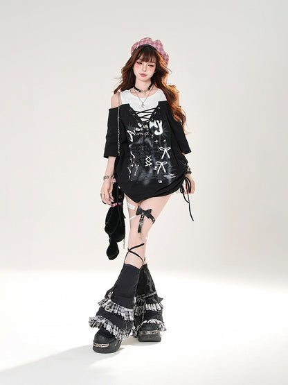 ブラック/ホワイト レイヤード ブロケット コア ダブルミニスカート