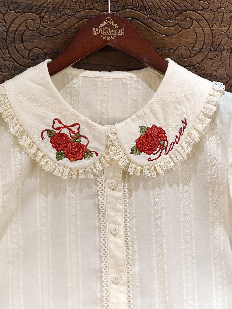 Cream Short Sleeve Lolita Blouse with Red Rosette Embroidery Collar - Dream Magic Box