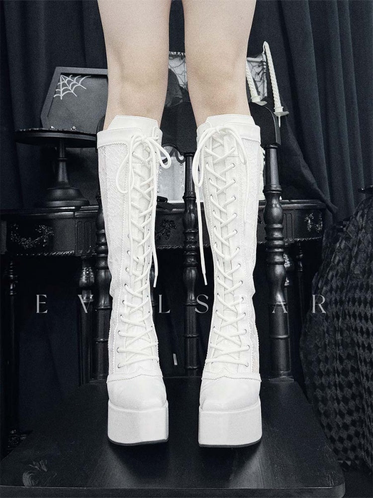 ゴシックホワイトフロントレースアップタイレースプラットフォームハイブロックヒールニーハイブーツ