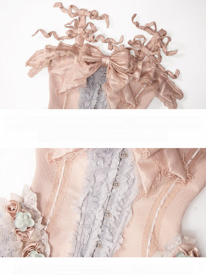 Strawberry Mousse Rococo Corset Top with Detachable Chest Bow and Shoulder Straps - Blood Supply