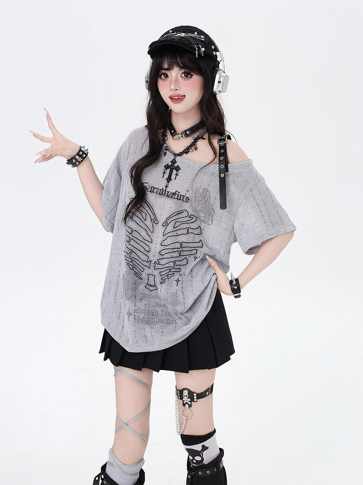Y2K アシンメトリーネックライン スケルトン ハートプリント ブラック/グレー/ホワイト Tシャツ