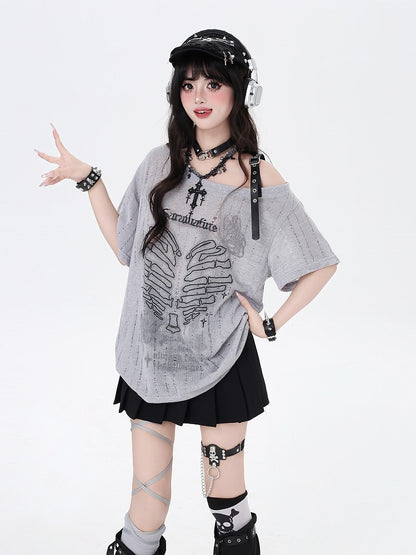 Y2K アシンメトリーネックライン スケルトン ハートプリント ブラック/グレー/ホワイト Tシャツ