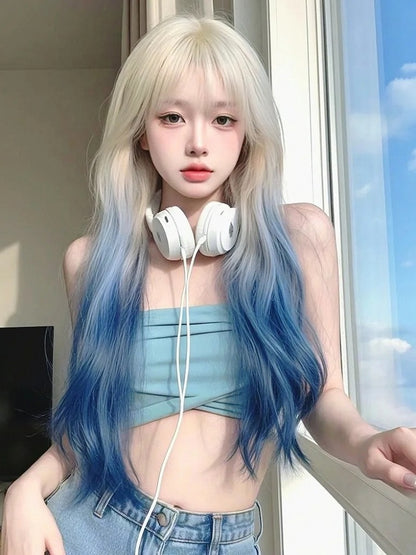 Platinum and Blonde with Ombre Blue Bangs Air Wig Wavy