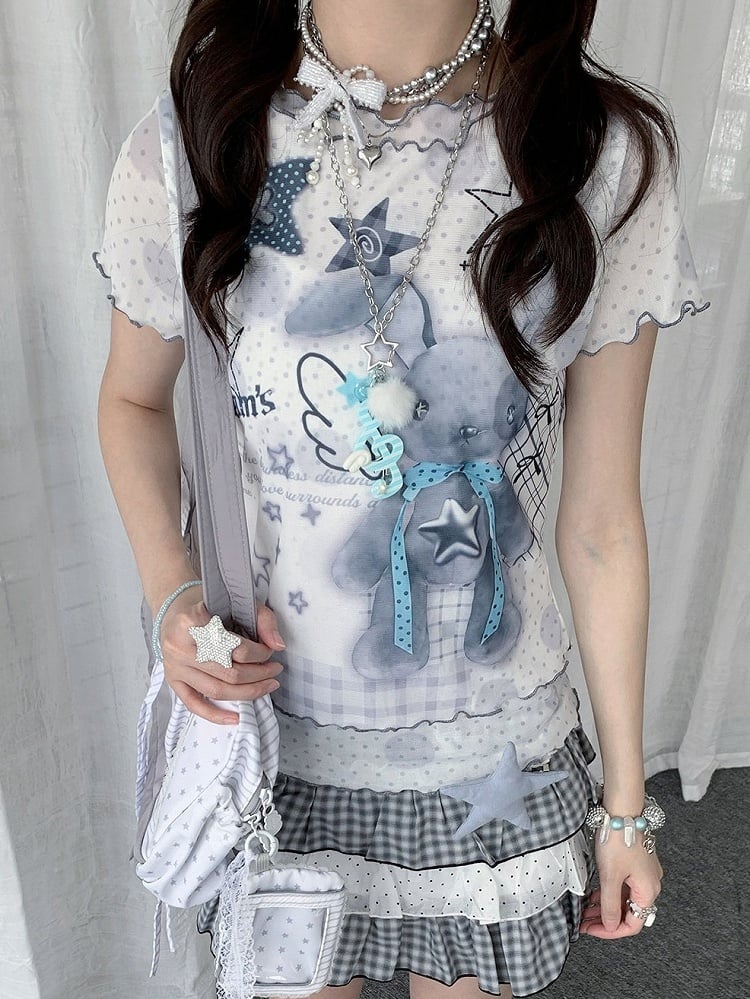 White Short Sleeve Ruffle Sheer T-Shirt with Polka Dot Rabbit - Solkatt