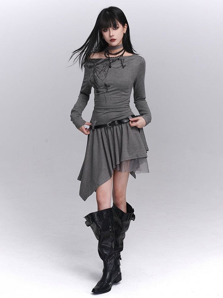 with Gothic Hem Dress Graffiti Handkerchief Light Neck Off-Shoulder Strap Gray