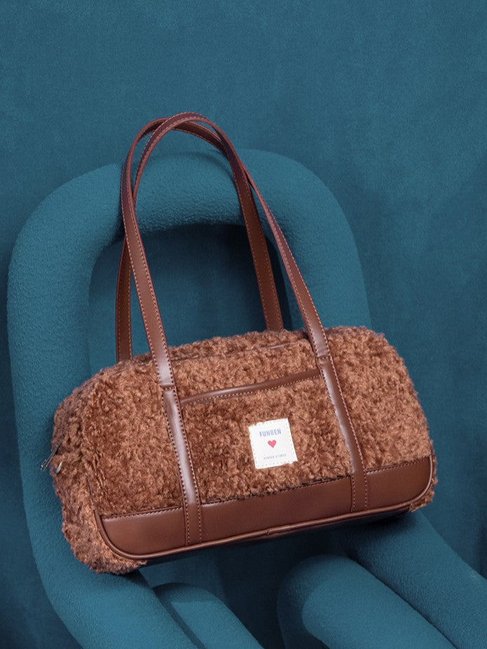 Baguette Faux with Fur Brown Heart Tag Teddy Bag