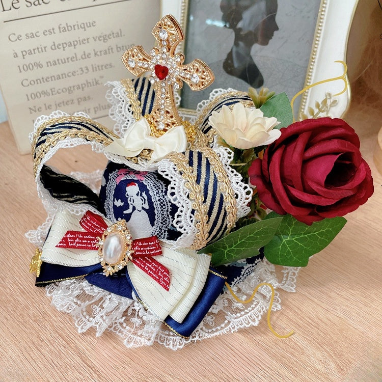 White Rhinestone Floral Crown Cross Snow Design Vibes Mini Princess Decorated Hat BlueWhite