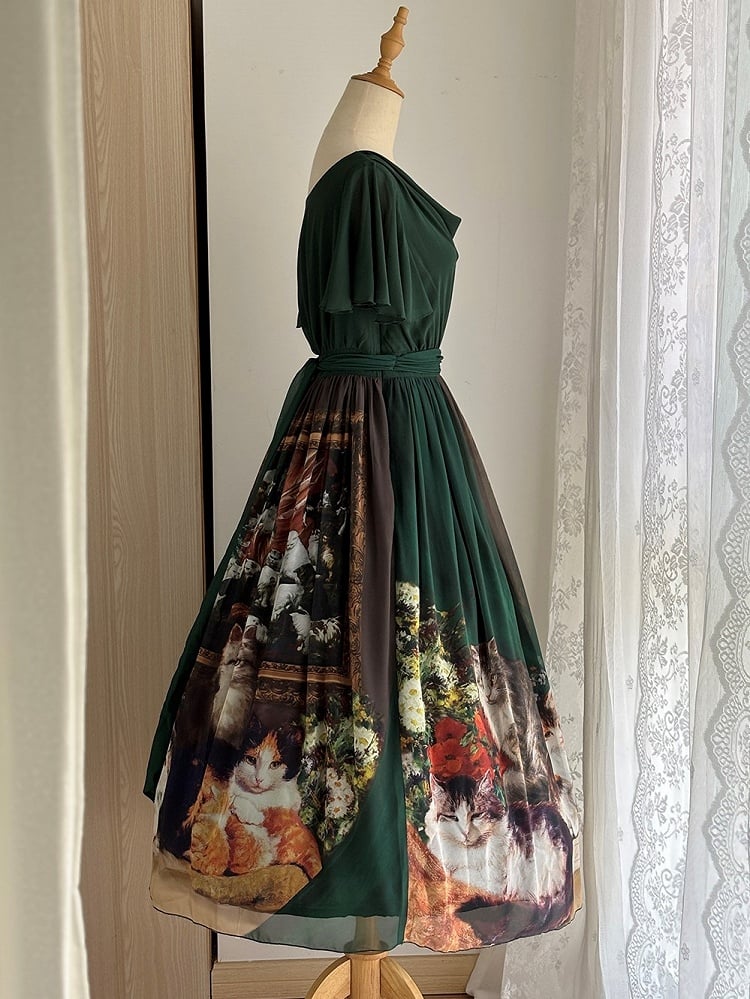 Dark Green Cat Oil Painting Print Butterfly Sleeves Elegant Lolita Maxi Dress with Cowl Neckline