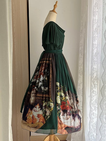 Dark Green Cat Oil Painting Print Butterfly Sleeves Elegant Lolita Maxi Dress with Cowl Neckline