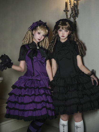 Lolita Gothic and Purple Lace Accents with Trim Dress Ruffles Black Bow Tiered