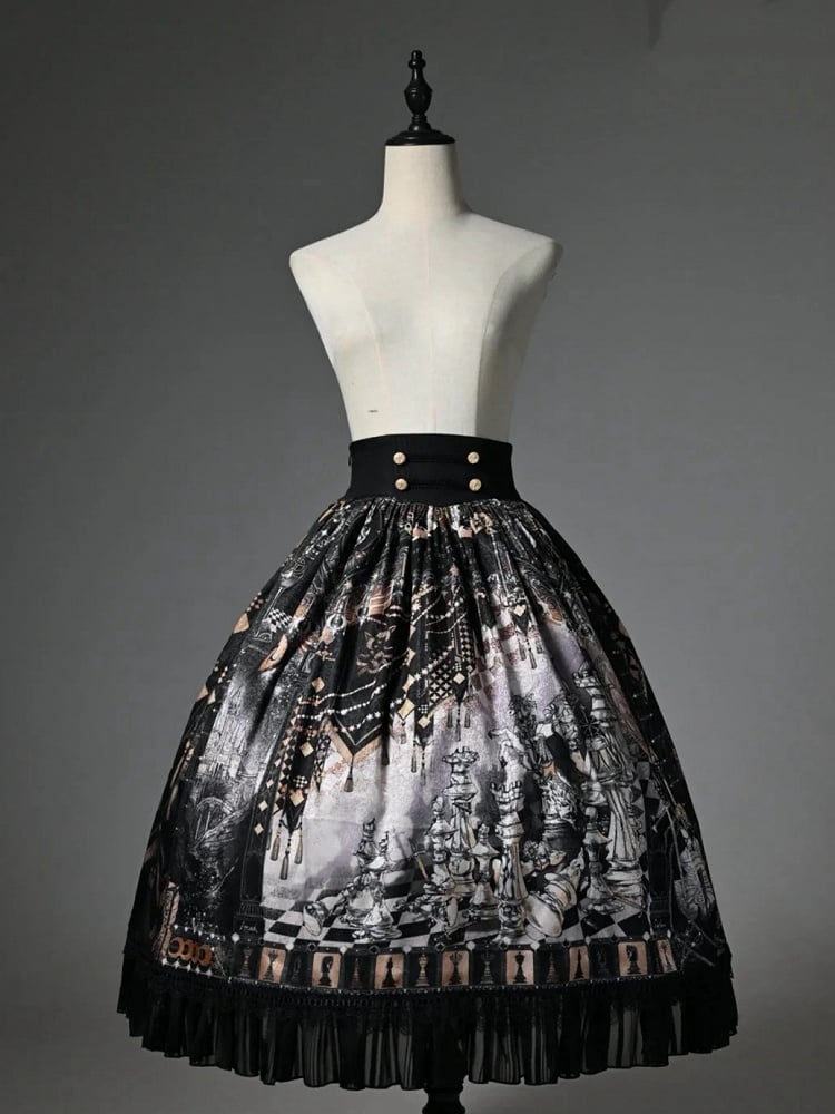 Rock Thema Schwarz Taille Korsett Gürtel Schach Lolita Print