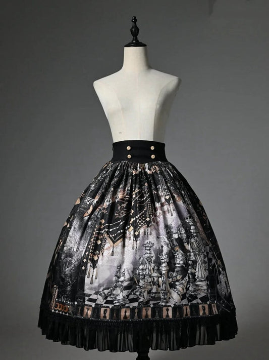 Rock Thema Schwarz Taille Korsett Gürtel Schach Lolita Print