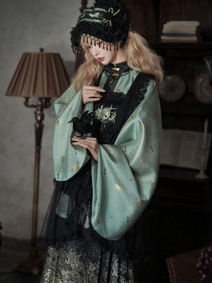 Green-Black Hanfu-Inspired Blouse with Floral Accents - San Sheng Du