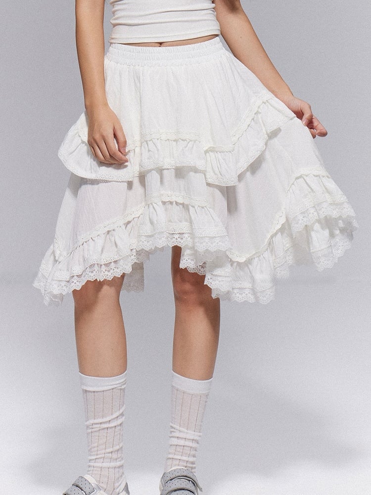 Waist Elastic  with Gothic Trim Lace Skirt Tiered White