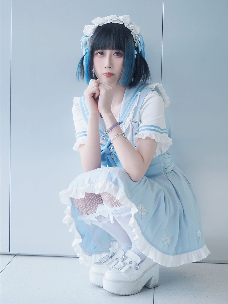 Jirai Kei Overalls Hellblau Herz Stickerei vorne Schnürung