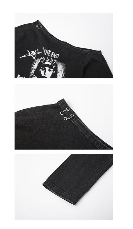 Cutout Schulter Top Y2K Punk Schwarz Asymmetrisch