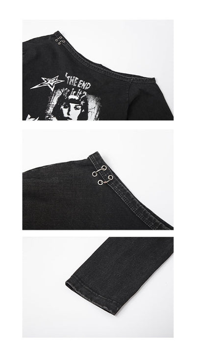 Cutout Schulter Top Y2K Punk Schwarz Asymmetrisch