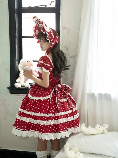Red Pattern Neckline Plush Sweet Polka Dots Square Bunny Lolita Dress Ears