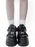 Buckle Platform Side Sneakers System Matte Release Techwear Black with Details Lace-Up PU - Stud