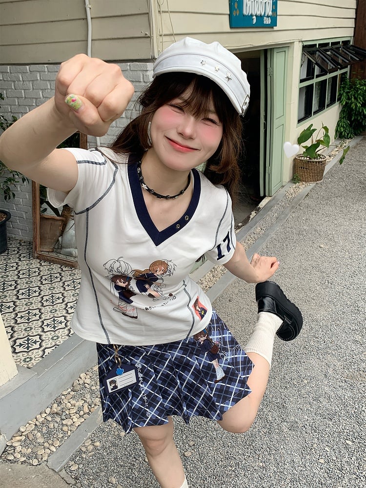 Print White T-Shirt Stripe Details Character with and