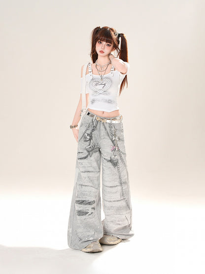 Graue Jeans mit weitem Bein und niedrigem Bund und Kettenmuster im Used-Look