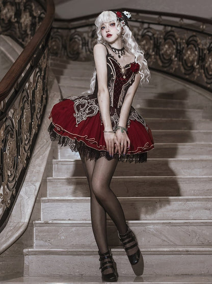 黒と赤のゴシックヴァンパイアの細いショルダーストラップのロリータJSK + ロングベルスリーブボレロ